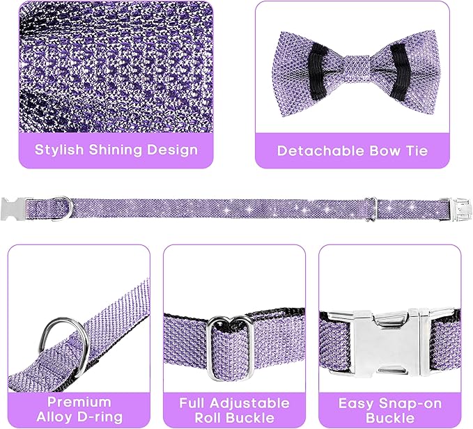 Dog Collar with Bow for Small Medium Large Dogs, Cute Bling Dog Bow Tie Collar with Metal Buckle, Soft & Durable for Small Dogs Walking (Purple, S)