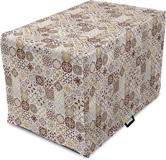Lunarable Ethnic Dog Crate Cover, Portuguese Azulejo Mosaics with Floral Scrolls Retro Mediterranean, Easy to Use Pet Kennel Cover for Medium Large Dogs, 48 Inch, Chocolate Earth Yellow