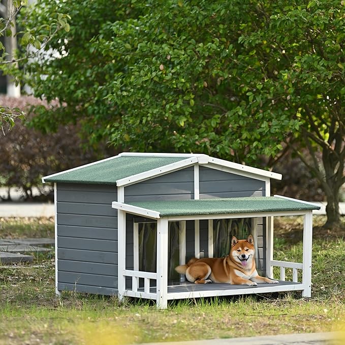 YOTPO 47.2" Wooden Indoor & Outdoor Medium Dog House with Porch Door and Removable Curtain,Pet Kennel with Weatherproof Solid Wood,for Yard,Garden,Living Room,Villa,Gray