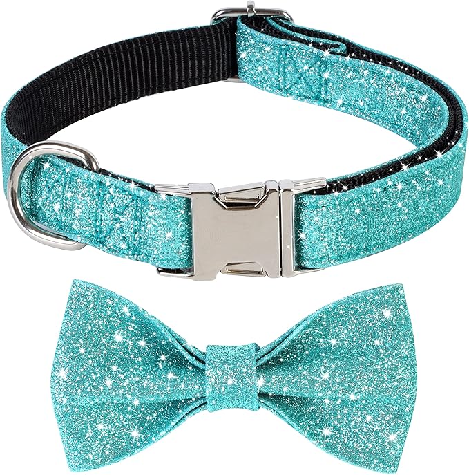 Bling Bow Tie Dog Collar and Leash Set, Cute Teal Boy Dog Collar with Bow and 5ft Leash for Small Medium Dogs Daily Walking or Christmas Holiday (Neck fit 11-16’’)