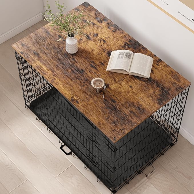 Piskyet Dog Crate Topper Wood Countertop for 48 42 36 30 24 inch Dog Cage, Dog Crate Cover,Dog Kennel Topper(Crate Not Include) (Rustic Brown, for 24 Inch Crate)
