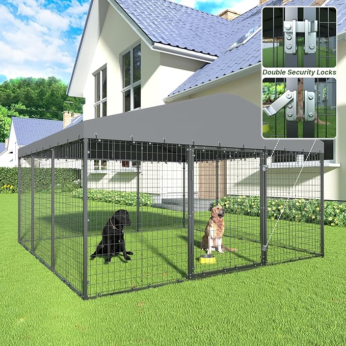 Kurapika Large Outdoor Dog Kennel, Heavy Duty Dog Cage with Waterproof Roof, Galvanized Steel Dog Fence with Double Secure Lock for Patio & Garden (118" L x 118" W x 70.9" H)