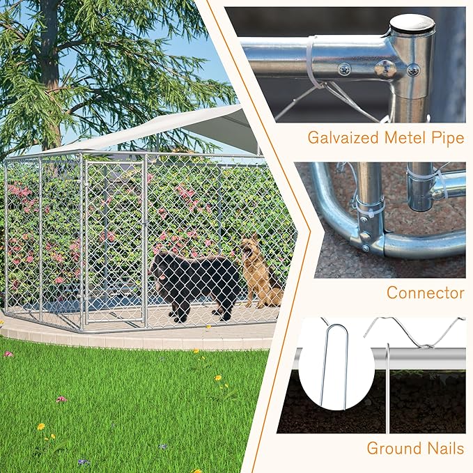 Large Outdoor Dog Kennel, Heavy Duty Galvanized Steel Dog Enclosure, Chicken Coop w/Waterproof UV-Resistant Cover, Lockable Door Chain Link for Small & Large Pets, Backyard-157.2" L x 91.2" W x 90" H