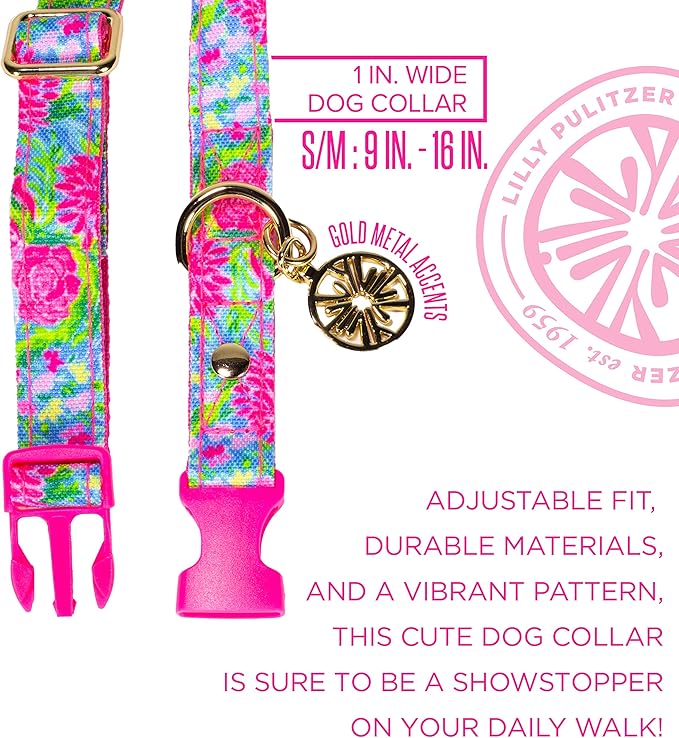 Lilly Pulitzer Adjustable Puppy Dog Collar, Cute Heavy Duty Canvas Collar with Snap Closure and Ring for Leash/Tag, Bunny Business (S/M)