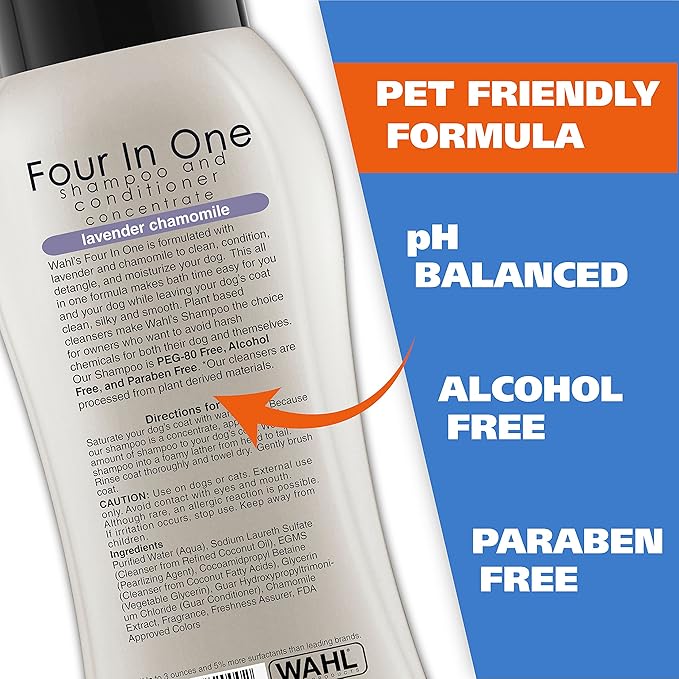 Wahl USA 4-in-1 Calming Pet Shampoo for Dogs – Cleans, Conditions, Detangles, & Moisturizes with Lavender Chamomile - Pet Friendly Formula - 24 Oz - Model 820000A