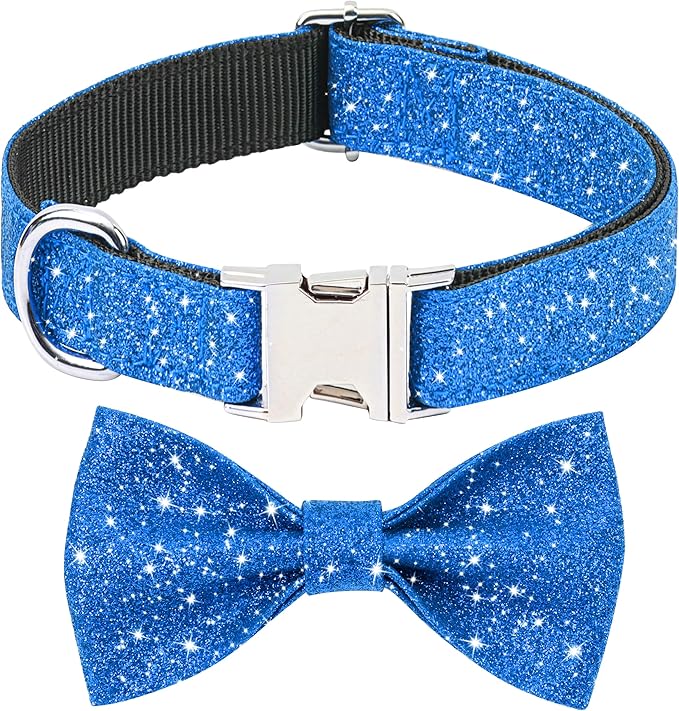 Blue Boy Dog Collar with Bow, Bling Male Bowtie Dog Collar for Puppy Small Dogs and Cats, Cute Dog Collar for Daily Walking or Holiday Party (Neck fit 9-12’’)