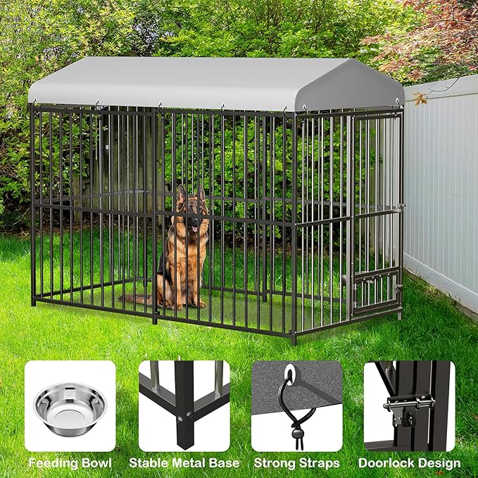 Outdoor Dog Kennel for Large Dogs, 8x4x6 FT Large Dog Kennel Outside with Lock, Dog Enclosures with UV-Resistant Waterproof Roof Cover for Outside