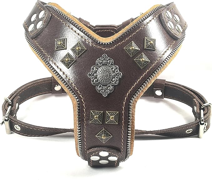Bestia Aztec Big Dog Leather Harness. 2 Tone Rivet Decorations. Zipper Decoration. Foam and Leather Padding Handmade in Europe.