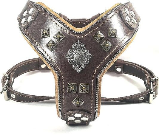 Bestia Aztec Big Dog Leather Harness. 2 Tone Rivet Decorations. Zipper Decoration. Foam and Leather Padding Handmade in Europe.
