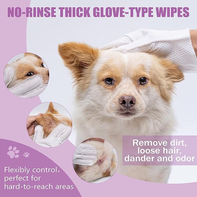 Pet Bath Wipes for Dogs and Cats - 10 Pcs Dog Cat Grooming Gloves Wipes - Gentle Cleaning Fur, Face, Ear, Eye, Paws and Butt - Thick Puppy Wipes