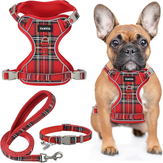 GAMUDA Dog Harness Collar and Leash Set, Dog Harness, No Chock No Pull Adjustable Vest Harnesses Plaid Reflective for Medium Dog, Cat, Small Horse, Small Bull and Pig (Red, XS)