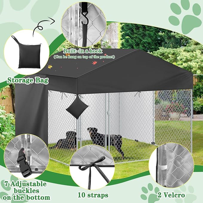 Outdoor Dog Kennel Cover Half Coverage for 10x10FT 600D Heavy Duty Waterproof Kennel Covers for Dog Cages(Cover Only) Black