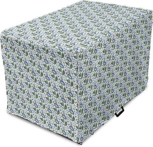 Lunarable Jacobean Dog Crate Cover, Herbal Pattern Pastoral Vintage Rustic Wedding Inspired Foliage Springtime, Easy to Use Pet Kennel Cover for Medium Large Dogs, 36 Inch, Blue Green Cream