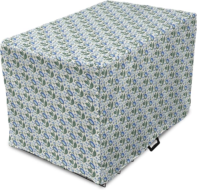 Lunarable Jacobean Dog Crate Cover, Herbal Pattern Pastoral Vintage Rustic Wedding Inspired Foliage Springtime, Easy to Use Pet Kennel Cover for Small Dogs Puppies Kittens, 22 Inch, Blue Green Cream