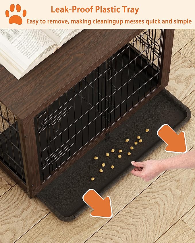 Piskyet Wooden Dog Crate Furniture with Divider Panel, Dog Crate End Table with Fixable Slide Tray, Double Doors Dog Kennel Indoor for Dogs(XL:43.2" L * 28.6" W * 30.3" H,Brown Walnut)