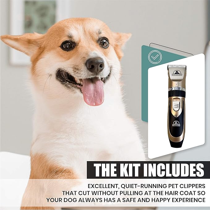 Pet Union Professional Dog Grooming Kit - Rechargeable, Cordless Pet Grooming Clippers & Complete Set of Dog Grooming Tools. Low Noise & Suitable for Dogs, Cats and Other Pets (Gold)