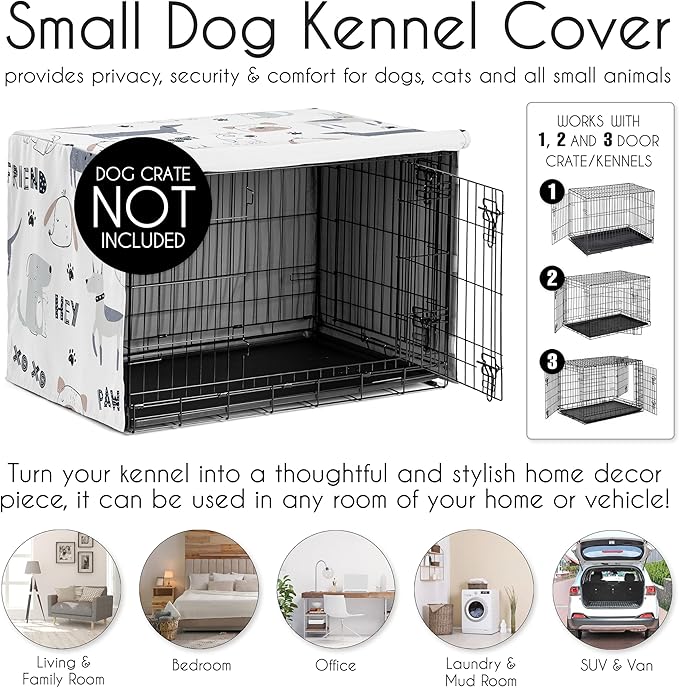 Sweet Jojo Designs Cartoon Puppy Print Dog Crate Cover – Kennel Covers for 24 Inch Pet Cage Small - Neutral Grey Taupe Blue White Modern Bulldog Wiener Doggy Paw Print Gray