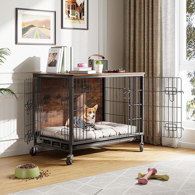 27.2" Dog Crate Furniture, Furniture-Style Dog Crate - Kennel Table with Wheels, Rustic Pet Cage for Small Breeds, Brown & Black