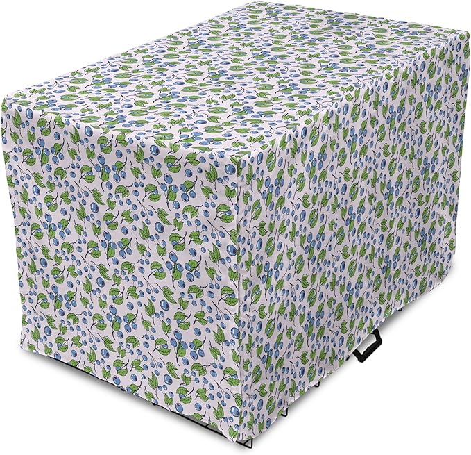 Lunarable Berries Dog Crate Cover, Cartoon Style Layout of Blueberries and Leaves Blooming on Branches, Easy to Use Pet Kennel Cover for Medium Large Dogs, 48 Inch, Pale Mauve Green