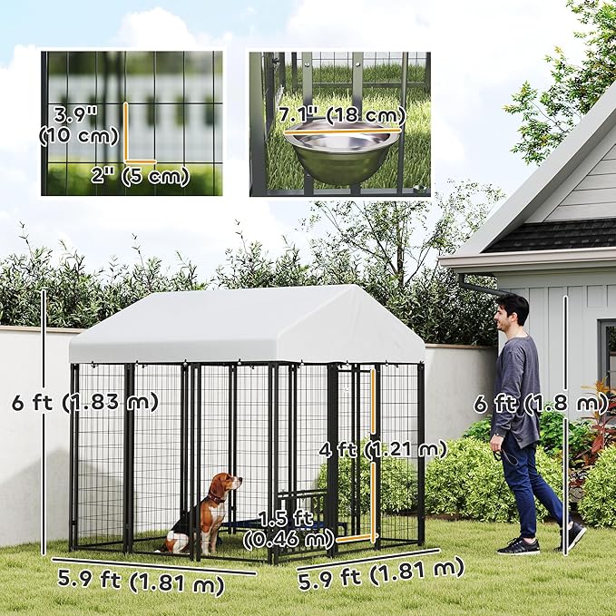 PawHut 5.9' x 5.9' x 6' Outdoor Dog Kennel, Welded Wire Heavy Duty Dog Run with 360° Rotating & 4 Level Adjustable Bowls, Dog Kennel Outside with Waterproof & UV Resistant Cover, for Large Dogs
