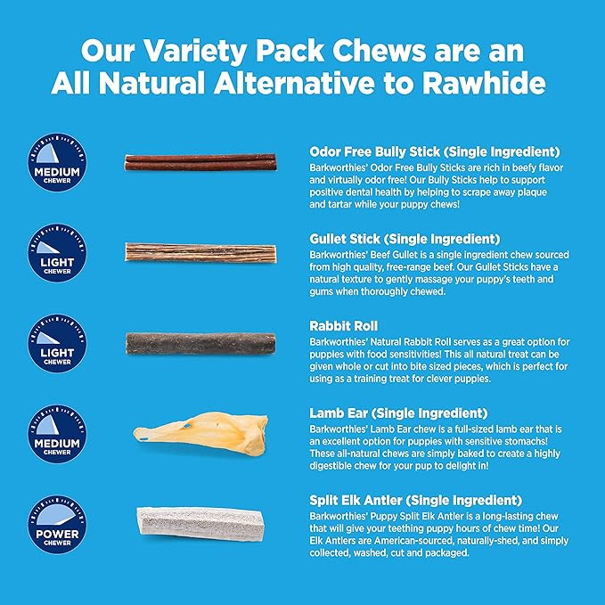 Barkworthies Healthy Dog Treats & Chews Puppy Dog Variety Pack (5 Chews) - Protein-Rich, All-Natural, Easily Digestible, Rawhide Alternative - Promotes Dental Health - Great Gift for All Dogs