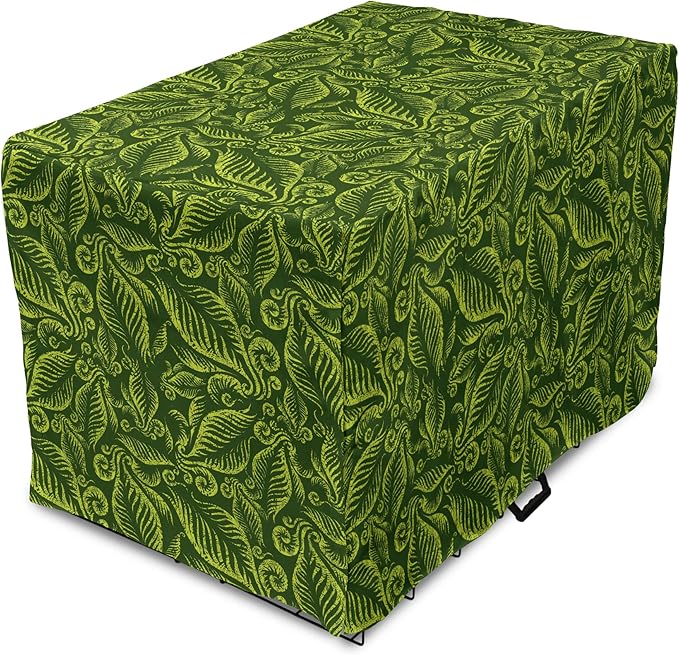 Lunarable Hunter Green Dog Crate Cover, Baroque Style Damask Floral Pattern with Leaves Swirled Branches Retro Design, Easy to Use Pet Kennel Cover for Small Dogs Puppies Kittens, 22 Inch, Lime Green