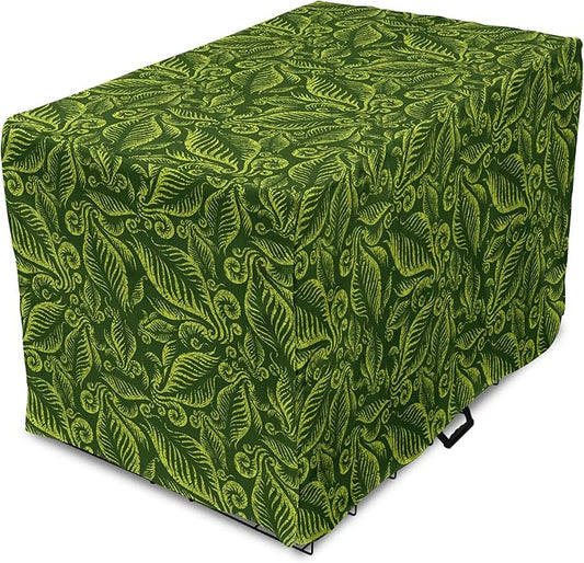 Lunarable Hunter Green Dog Crate Cover, Baroque Style Damask Floral Pattern with Leaves Swirled Branches Retro Design, Easy to Use Pet Kennel Cover for Small Dogs Puppies Kittens, 18 Inch, Lime Green