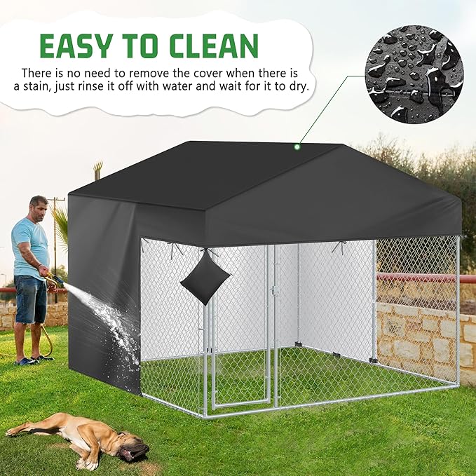 Outdoor Dog Kennel Cover Half Coverage for 10x10FT 600D Heavy Duty Waterproof Kennel Covers for Dog Cages(Cover Only) Black