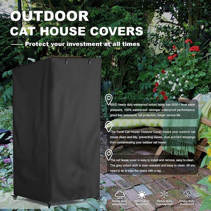 Outdoor Cat House Cover, Super Waterproof Feral Cattery Cat Cover, Cat Enclosure Cover, 600 D Heavy Duty Rain Sheet ,, 32x32x71 inch (Cover only)Black, Mx-1869-A