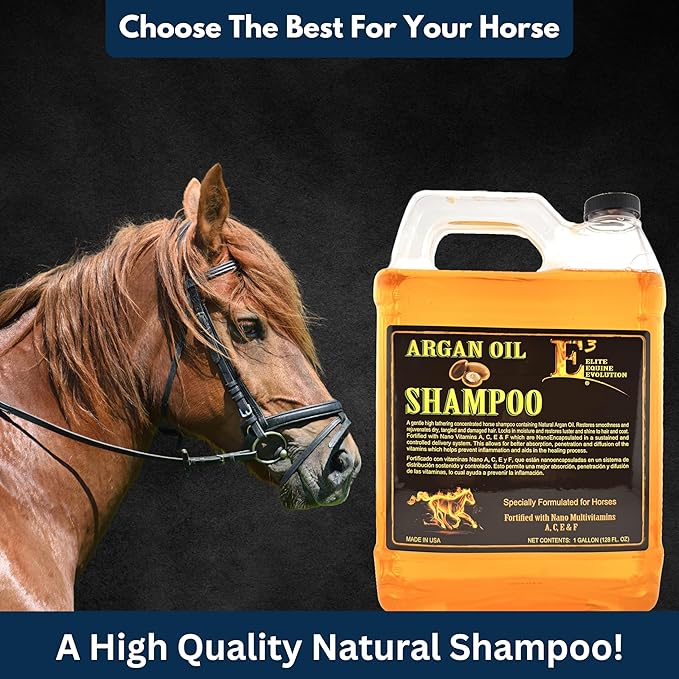 E3 Argan Oil Shampoo - Luxurious Pet Grooming Solution for Nourished & Rejuvenated Coat - Enriched with Hydrating Argan Oil for Lustrous Shine - Ideal for Horses - Deep Conditioning (1 gal), Brown