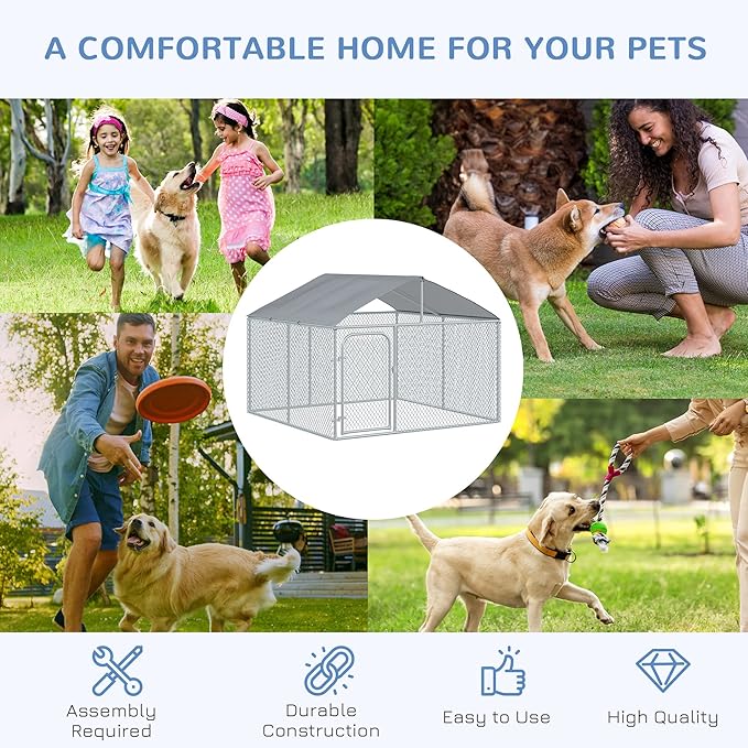 PawHut Large Dog Kennel Outside, Heavy Duty Dog Cage with Waterproof Cover, Outdoor Fence Dog Run with Galvanized Chain Link, Secure Lock, 7.5' x 7.5' x 5.6'