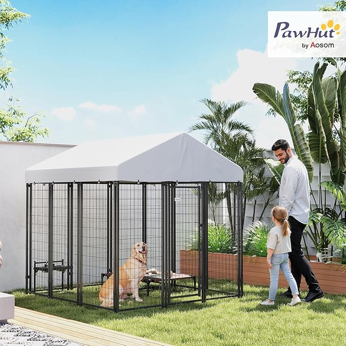 PawHut Outdoor Dog Kennel with Roof, 6' x 6' x 6' Heavy Duty Welded Wire Dog Playpen Enclosure with Escape-Proof Lock, UV-Resistant & Waterproof Cover, for Large Dogs, Silver