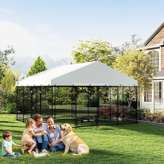Outdoor Large Dog Kennel - 10 x 10 Covered Dog Kennels with Feeding Door and Double Lock, Welded Wire Dog Kennel, XL Outside Dog Cage for Large Dogs