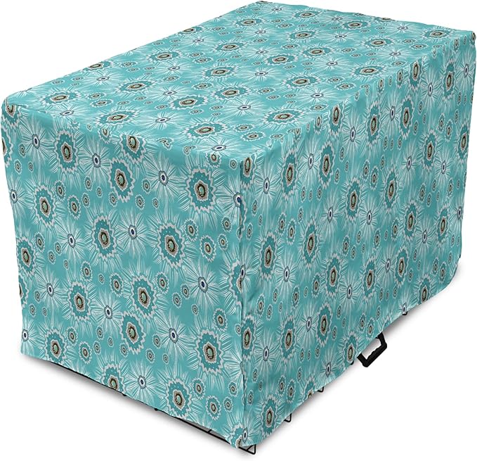 Lunarable Abstract Dog Crate Cover, Surreal and Flourishing Botanical Floral Ornaments Pattern, Easy to Use Pet Kennel Cover for Medium Large Dogs, 36 Inch, Cadet Blue Grey
