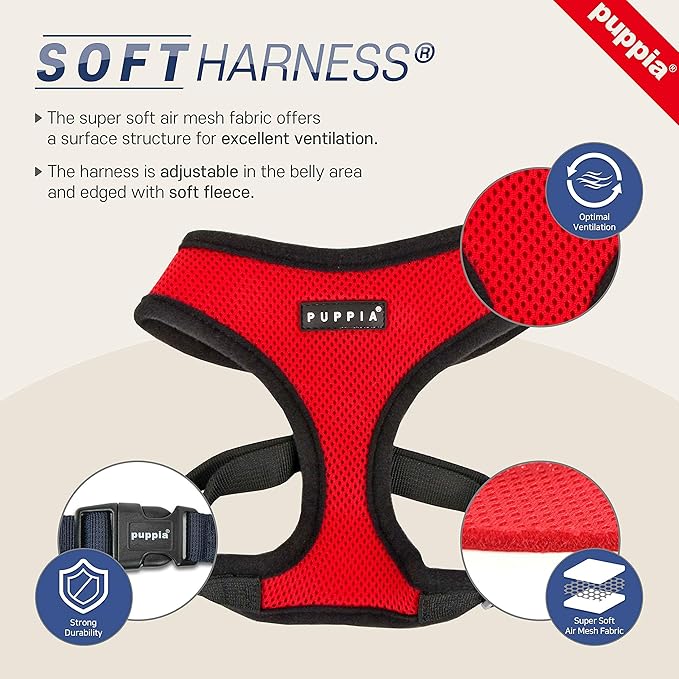 Authentic Puppia Soft Dog Harness, Red - Medium