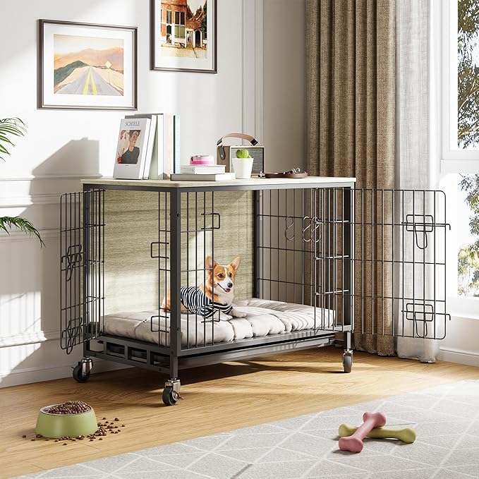 Dog Crate Furniture, 27.2" Modern Double-Door Dog House with Pull-Out Tray, Heavy-Duty Wooden Kennel & Removable Wheels, Side Table for Small Dog Sizes, Rustic Gray