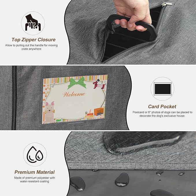 HiCaptain 48 inch Dog Crate Cover with Card Pocket, Heavy Duty Polyester Windproof Pet Kennel Cover Universal Fit for 1 or 2 Doors Standard Wire Crate (Grey)