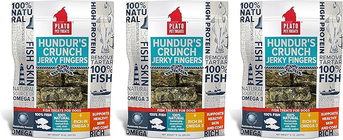 PLATO 3 Pack of Hundur's Crunch Single Ingredient Cod Skin Dog Treats, 10 Ounces Each