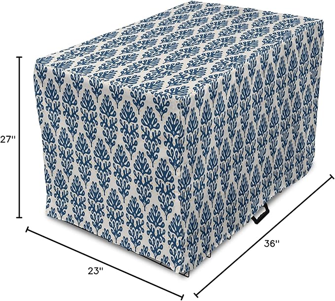 Lunarable Contemporary Blue Dog Crate Cover, Abstract Coral Inspired Motifs with Dots Around, Easy to Use Pet Kennel Cover for Medium Large Dogs, 36 Inch, Pale Eggshell Night Blue