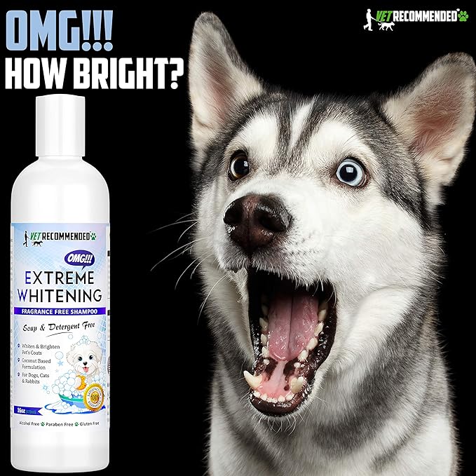 OMG Extreme Dog Whitening Shampoo (16 Oz) - Coconut Based 100% Safe - Free from Soaps, Detergent, Bleach & Fragrance - Make Your Dog's Coat Clean, Silky and Smooth. Made in USA