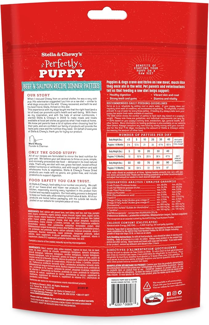 Stella & Chewy's Freeze Dried Raw Dinner Patties – Crafted for Puppies – Grain Free, Protein Rich Perfectly Puppy Beef & Salmon Recipe – 5.5 oz Bag, Pack of 1