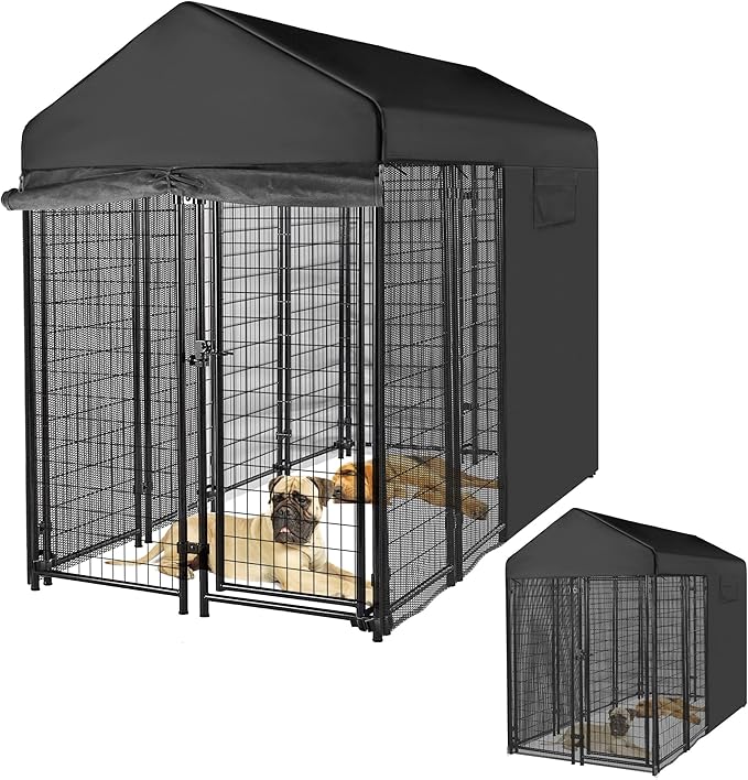 Outdoor Dog Kennel Cover Black for 8'Dx4'W 600D Waterproof and Durable Dog Crate Cover with Mesh Breathable Good Observation（Cover Only）