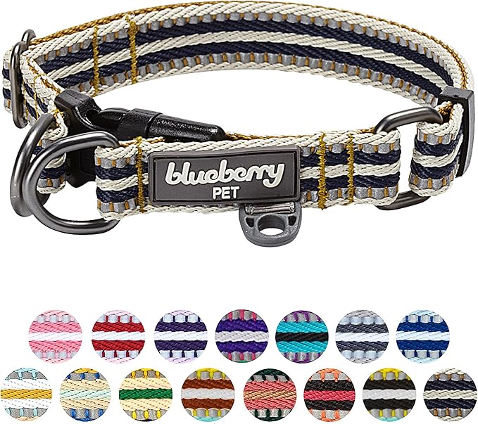 Blueberry Pet 3M Reflective Dog Collar - Adjustable Safety Dog Collars for Small Dogs, Multi-Colored Stripes in Olive & Blue-Gray, Durable Nylon Small Dog Collar with Pet Safety Features