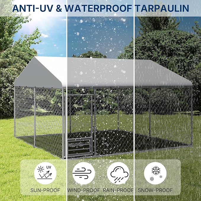 XL Outside Dog Kennel 10x10 ft - Outside Dog Kennel with Roof, Covered Kennels with with Feeding Door, Outdoor Dog Enclosure with Thickened Roof