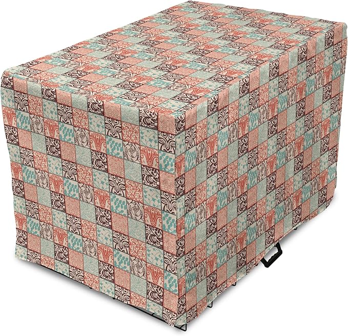 Lunarable Geometric Dog Crate Cover, Western Style Floral Motifs with Vintage Look in Checks, Easy to Use Pet Kennel Cover for Small Dogs Puppies Kittens, 18 Inch, Brown Vermilion
