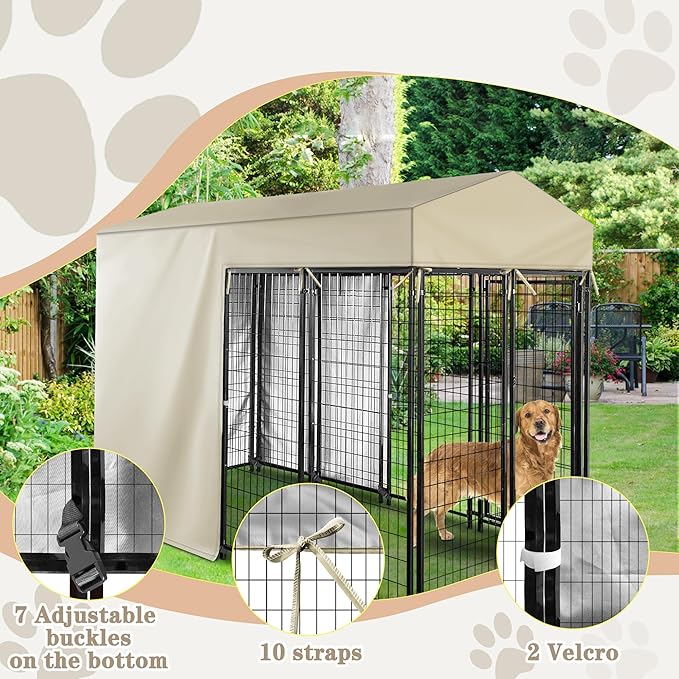 Outdoor Dog Kennel Cover Half Coverage for 8'Dx4'Wx6'H 600D Heavy Duty Waterproof Kennel Covers for Dog Cages(Cover Only) Khaki