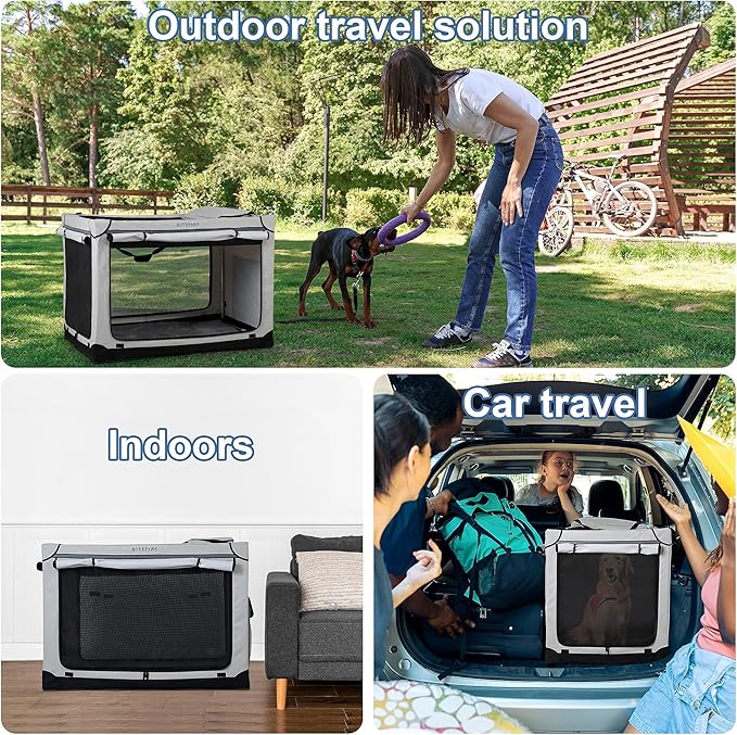 Soft Collapsible Dog Crate - 36 Inch Portable Travel Crate with Extra Space Indoor & Outdoor, 4-Door Foldable Pet Kennel with Durable Mesh Windows, Light Gray