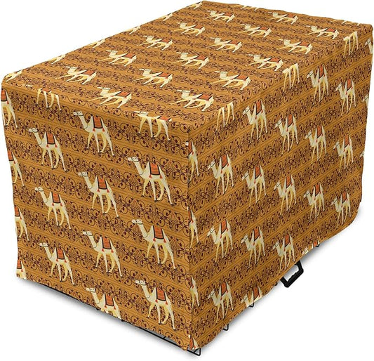 Lunarable Camel Dog Crate Cover, Traditional Pattern with Strokes Desert Animal Repetition in Folk Accessories, Easy to Use Pet Kennel Cover for Medium Large Dogs, 42 Inch, Apricot and Cream