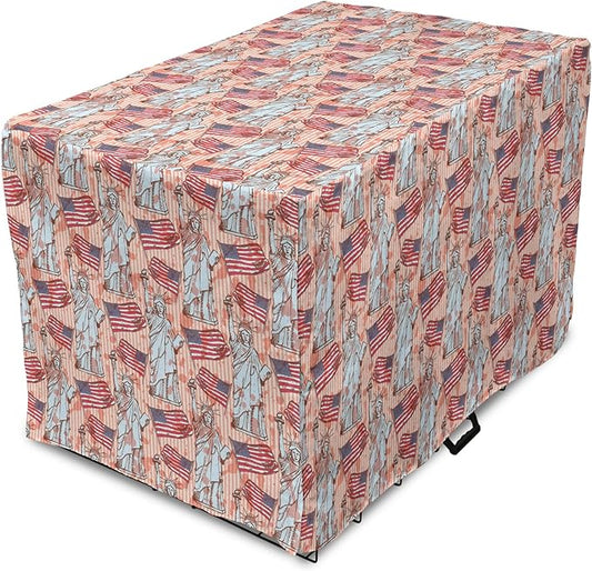 Ambesonne USA Dog Crate Cover, United States America Liberty Rhythmic Print, Easy to Use Pet Kennel Cover for Cats & Medium Dogs, 30 Inch, Coral Multicolor