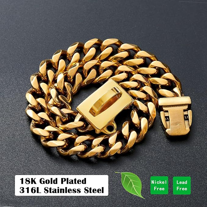 Gold Dog Chain Collar,18K Gold Plated Stainless Steel Cuban Link Chain Necklace Collar for Medium Small Dogs(Length - 16'')